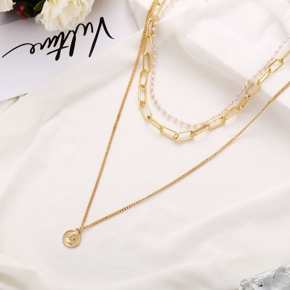 NEW Gold Triple Layer Coin Chain Pearl Necklace - Picture 9 of 9